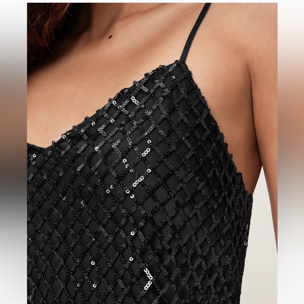 All Saints CHANTELLE SEQUIN MIDI SLIP DRESS size 10 black NWT - Picture 3 of 15